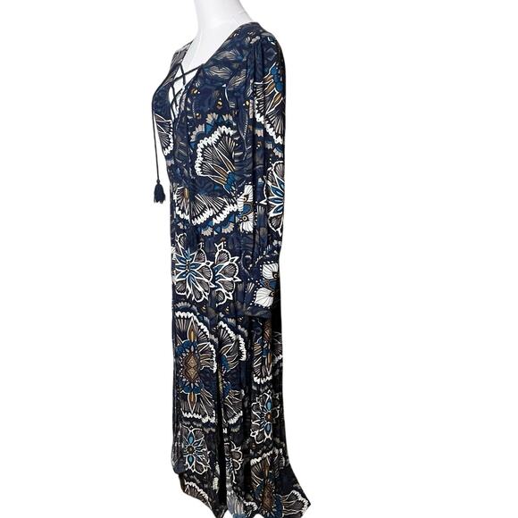 H&M Boho Goddess Maxi Dress Navy Print Lace Up Slit Thigh Size 8 Wedding Guest - Picture 5 of 12